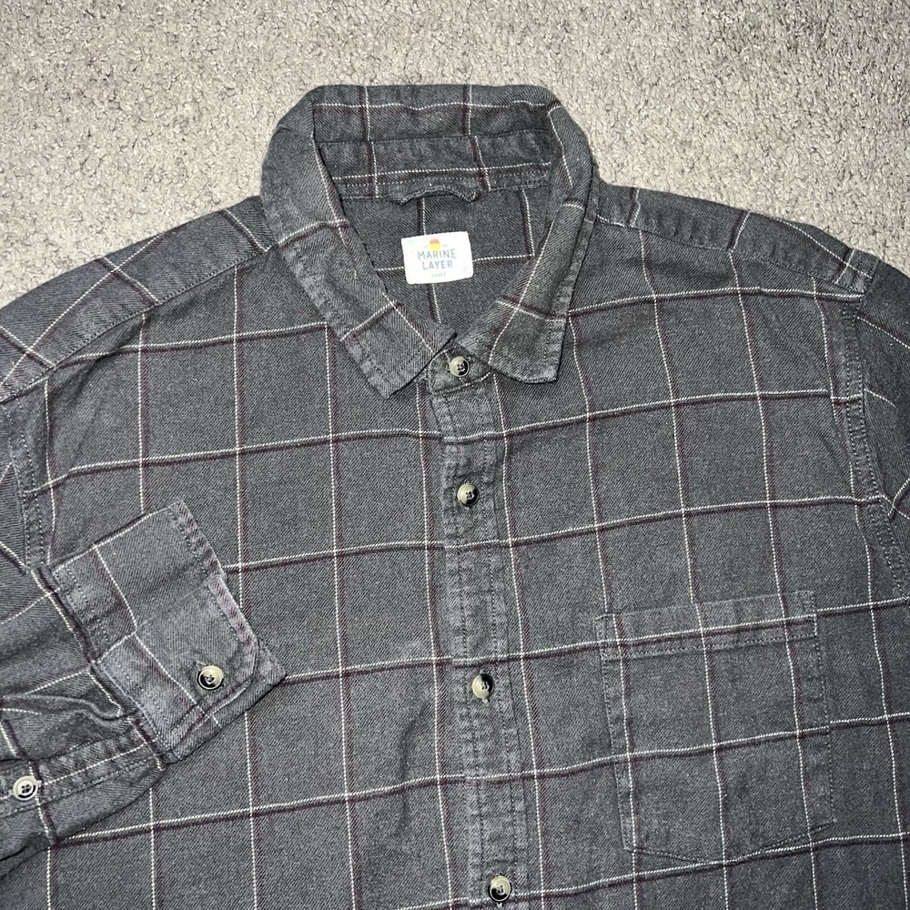 Marine Layer Men Large Black Gray Plaid Cotton Flannel Button Down Shirt